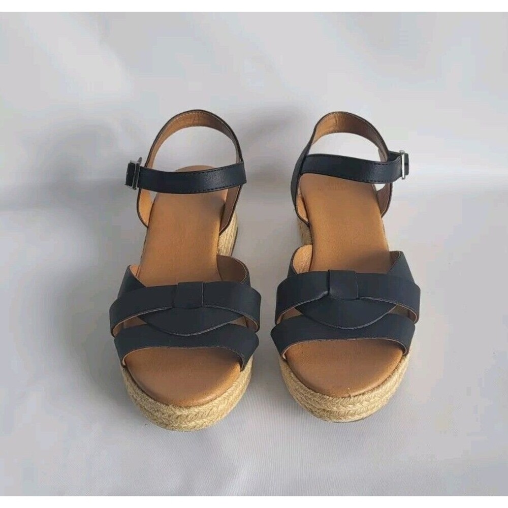 White Mountain Women's Black Woven Dapper Leather Wedge Espadrille Size 7.5M